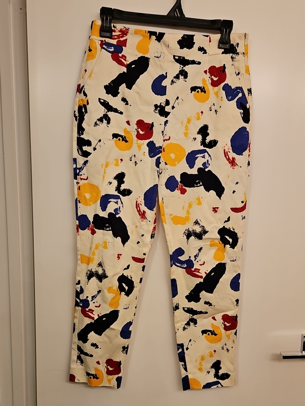 Zara Woman Paint Splatter Print Ankle Pants Small Cream Multicolor Abstract